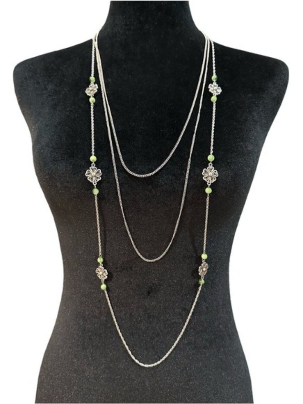 Long Silver Tone Multi-Strand Necklace With Green Beads  Flower Accents